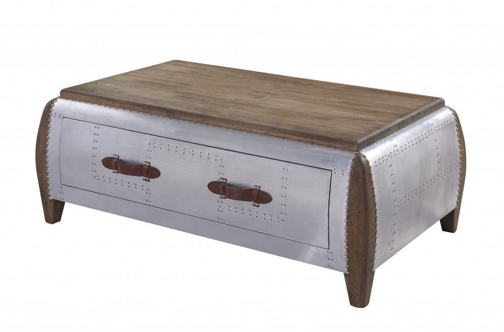 51" Brown and Gray Solid Wood And Aluminum Solid Coffee Table With Drawer
