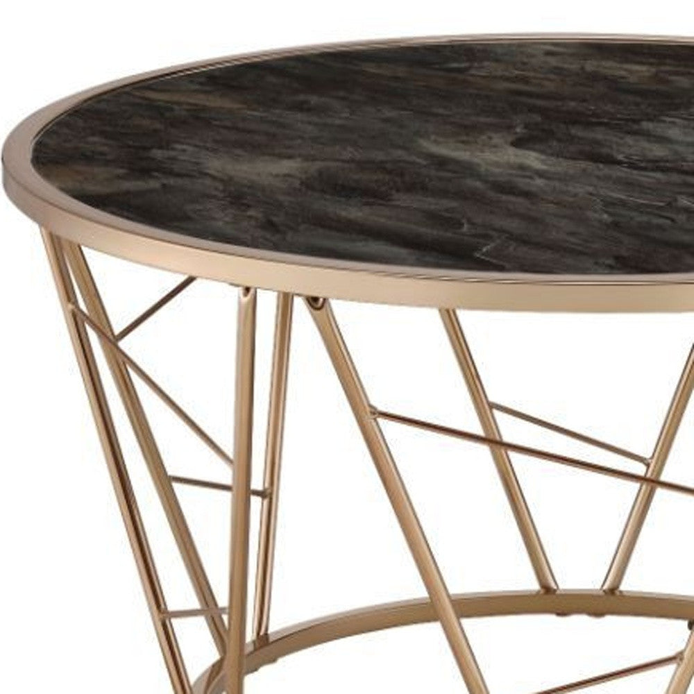 33" Gold Steel And Faux Black Marble Round Top Coffee Table