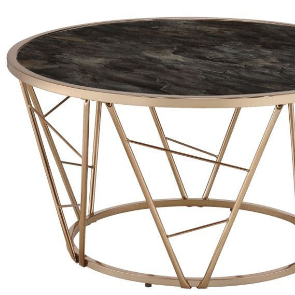 33" Gold Steel And Faux Black Marble Round Top Coffee Table