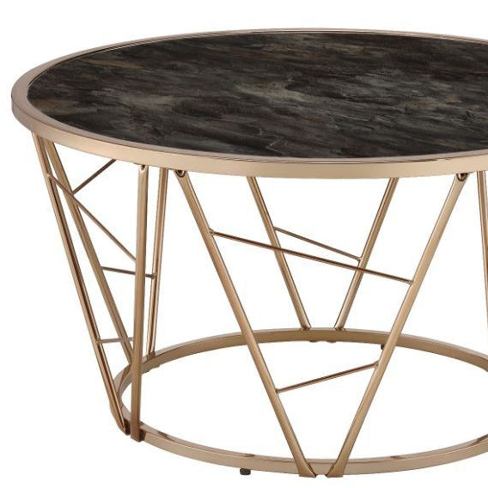 33" Black and Champagne Glass And Faux Marble And Metal Round Frame Coffee Table