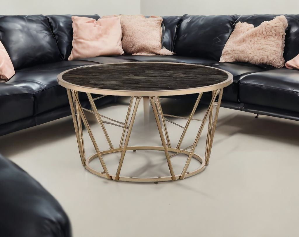 33" Black and Champagne Glass And Faux Marble And Metal Round Frame Coffee Table