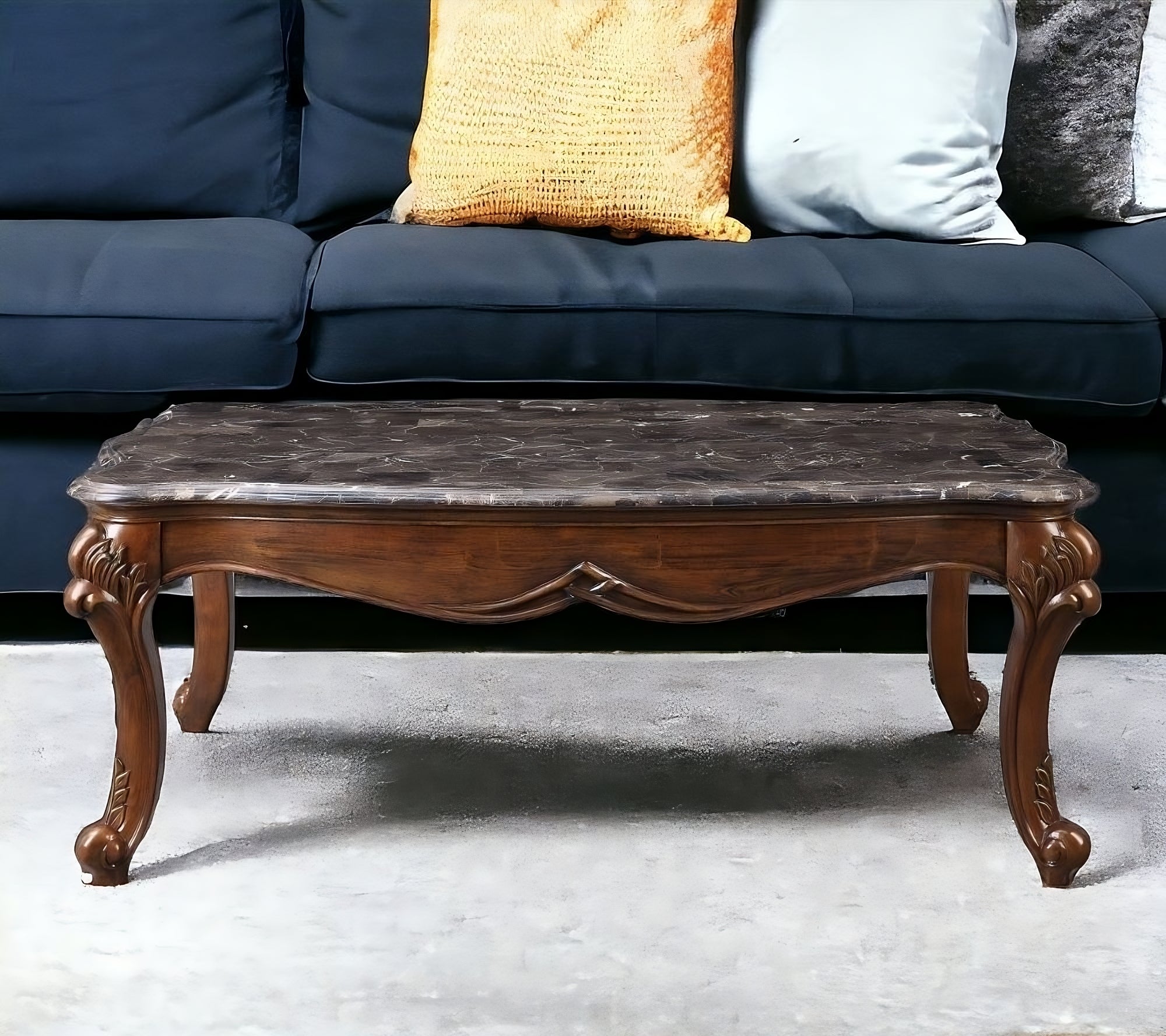 52" Gray And Brown Faux Marble And Polyresin Coffee Table