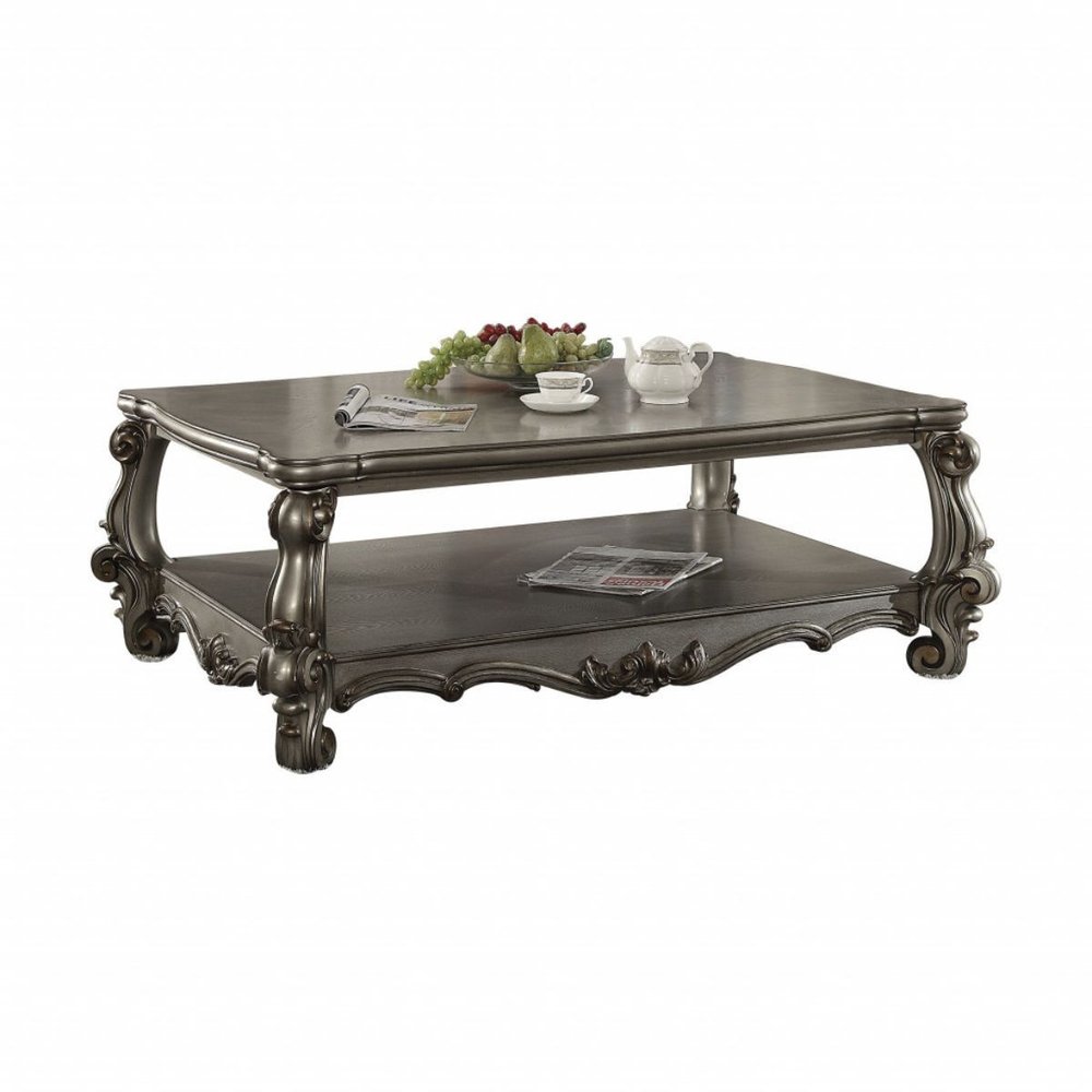 59" Gray Wood And Polyresin Coffee Table With Shelf