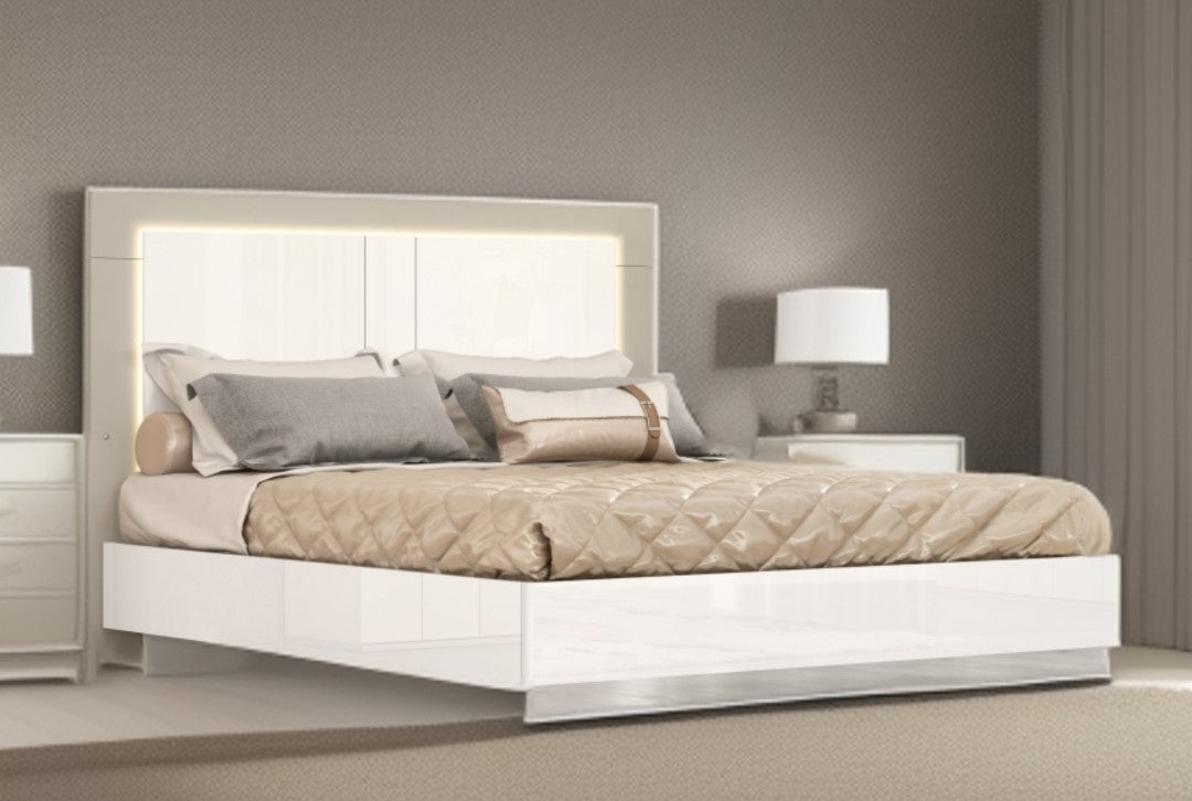 Queen White and Taupe High Gloss Bed Frame with LED Headboard