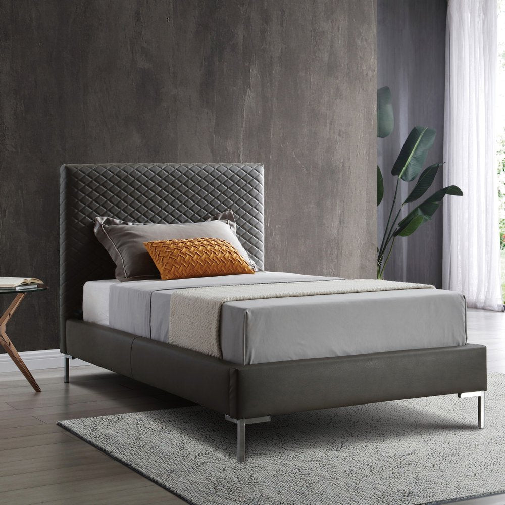 Gray and Dark Gray Wood And Faux Leather Twin Bed Frame