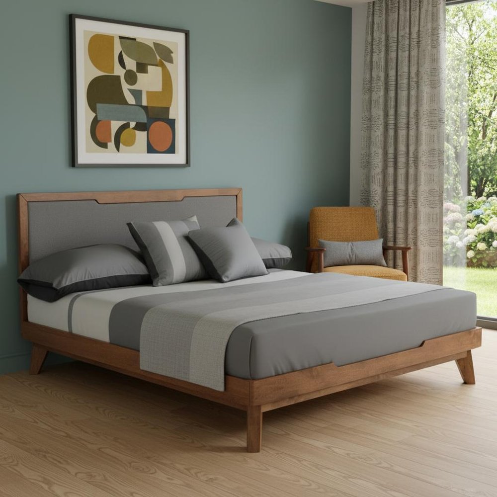 Gray and Brown Wood And Linen California King Bed Frame