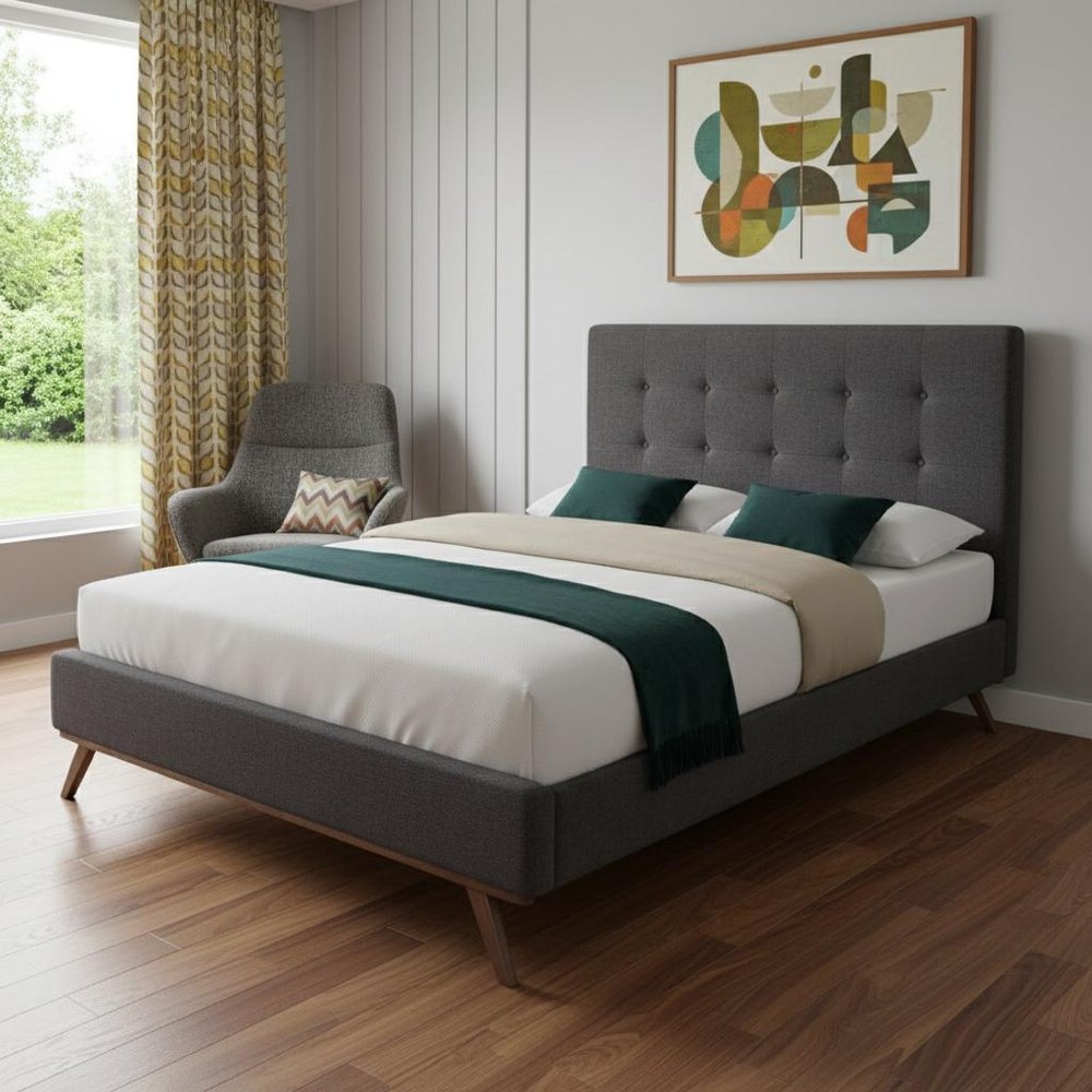 Gray and Brown Wood And Tufted Polyester King Bed Frame