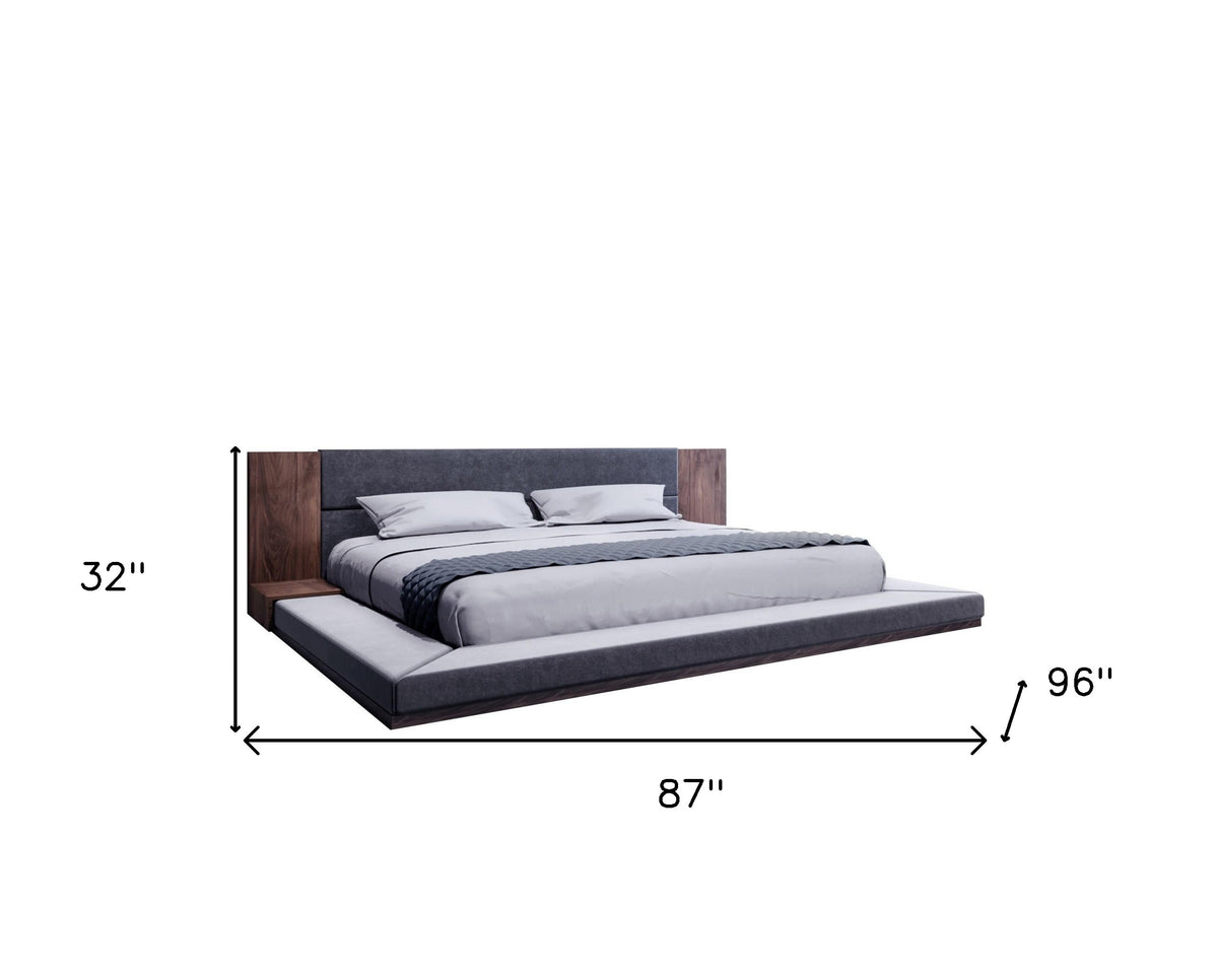 Gray and Walnut Wood And Upholstery Queen Bed Frame With Attached Nightstands
