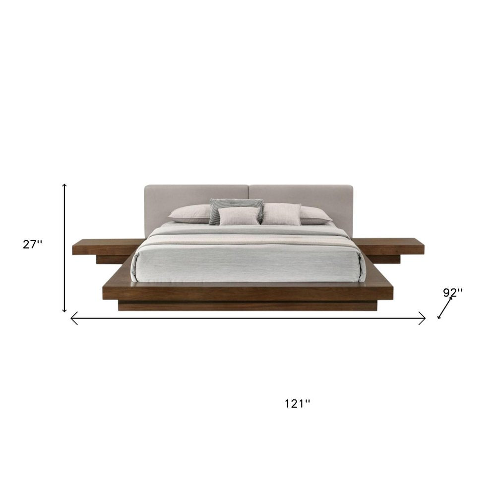 Gray and Walnut Wood And Faux Leather Queen Bed Frame With Attached Nightstands