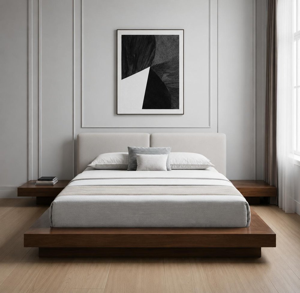 Gray and Walnut Wood And Faux Leather Queen Bed Frame With Attached Nightstands
