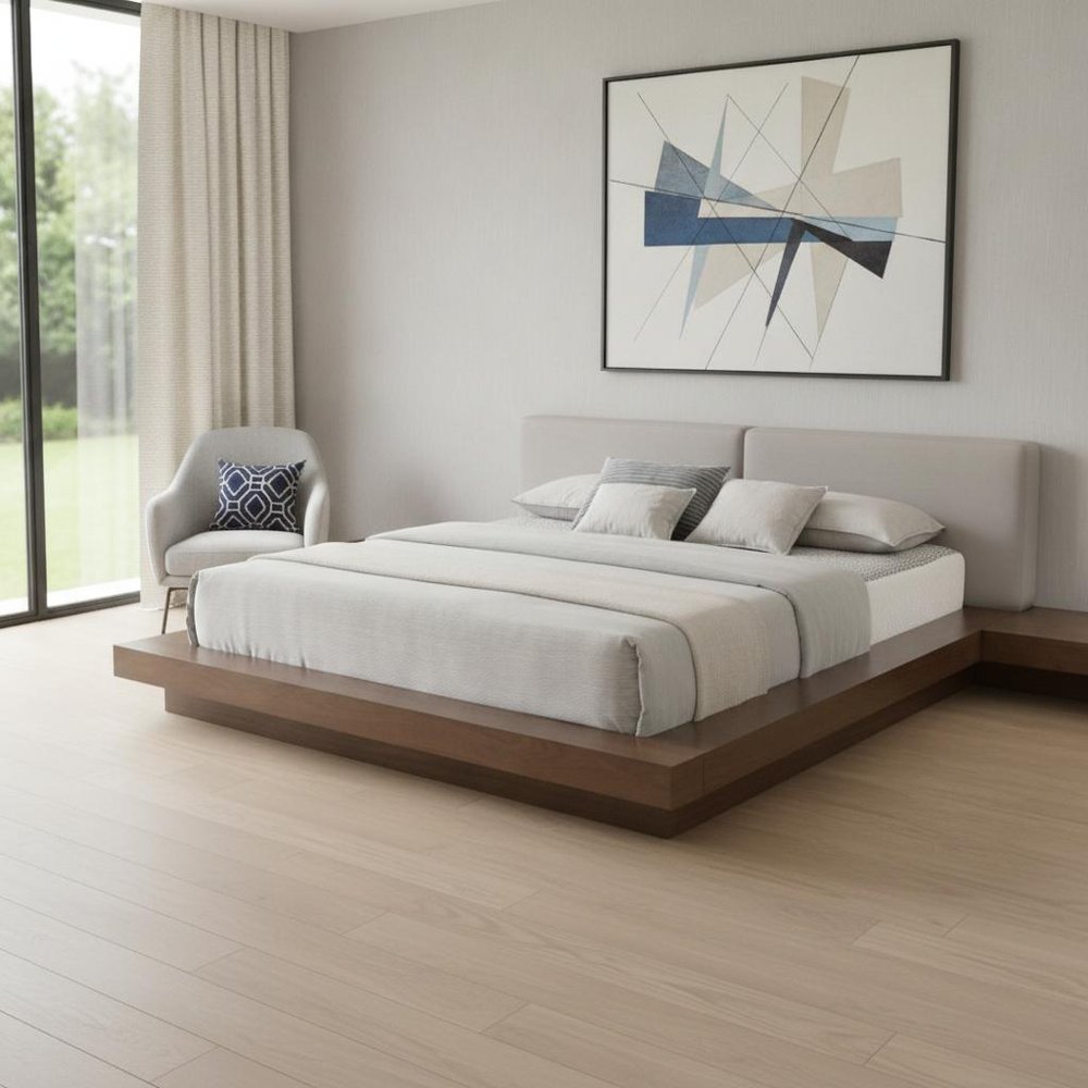 Gray and Walnut Wood And Faux Leather Queen Bed Frame With Attached Nightstands