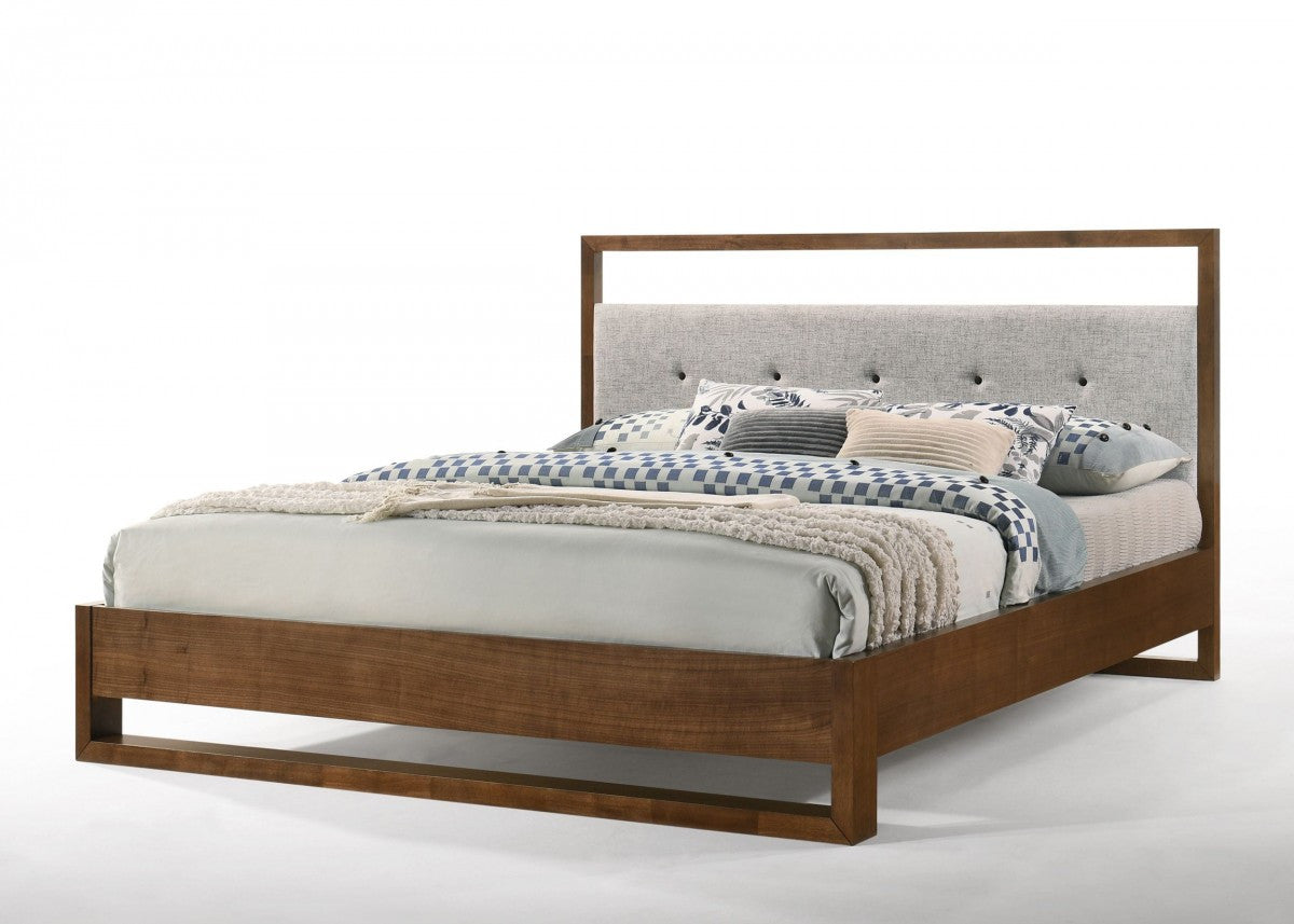 Brown and Gray Wood Tufted Upholstered Queen Bed Frame