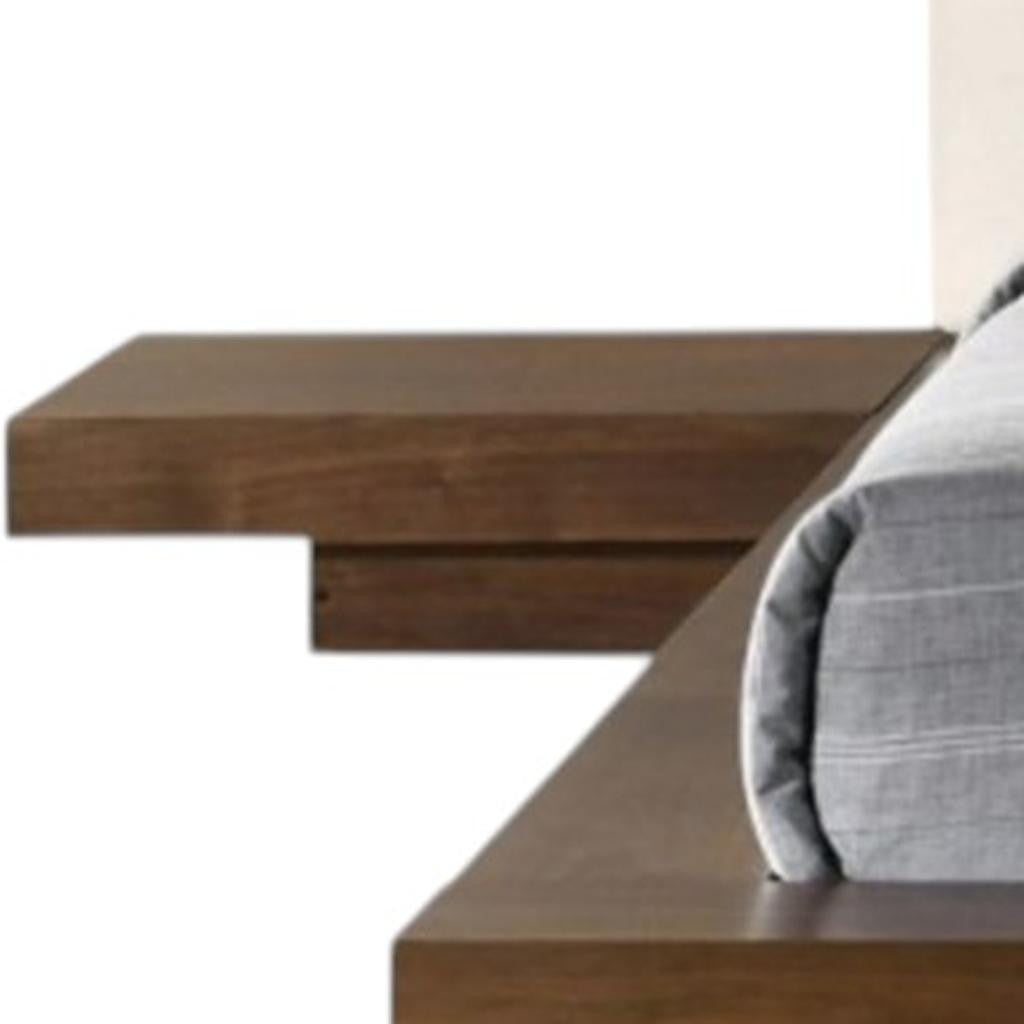 Walnut and White Wood And Faux Leather King Bed Frame With Attached Nightstands