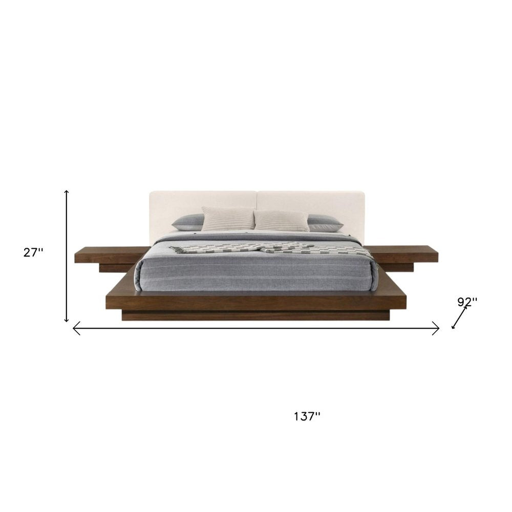 Walnut and White Wood And Faux Leather King Bed Frame With Attached Nightstands