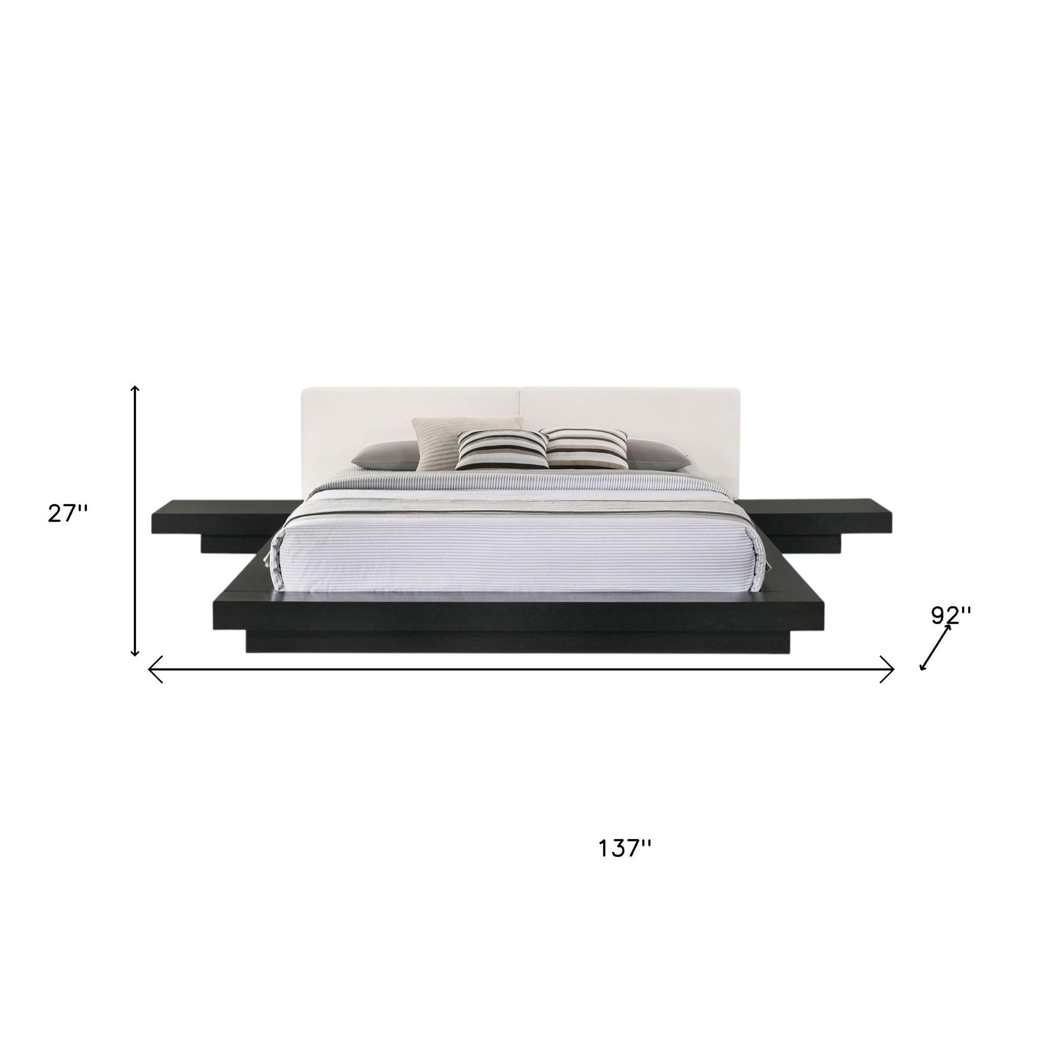 Black and White Wood And Faux Leather King Bed Frame With Attached Nightstands