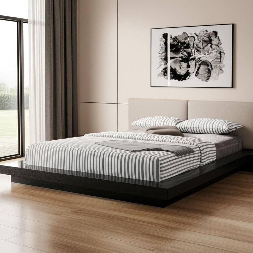 Black and Gray Wood And Faux Leather King Bed Frame With Attached Nightstands