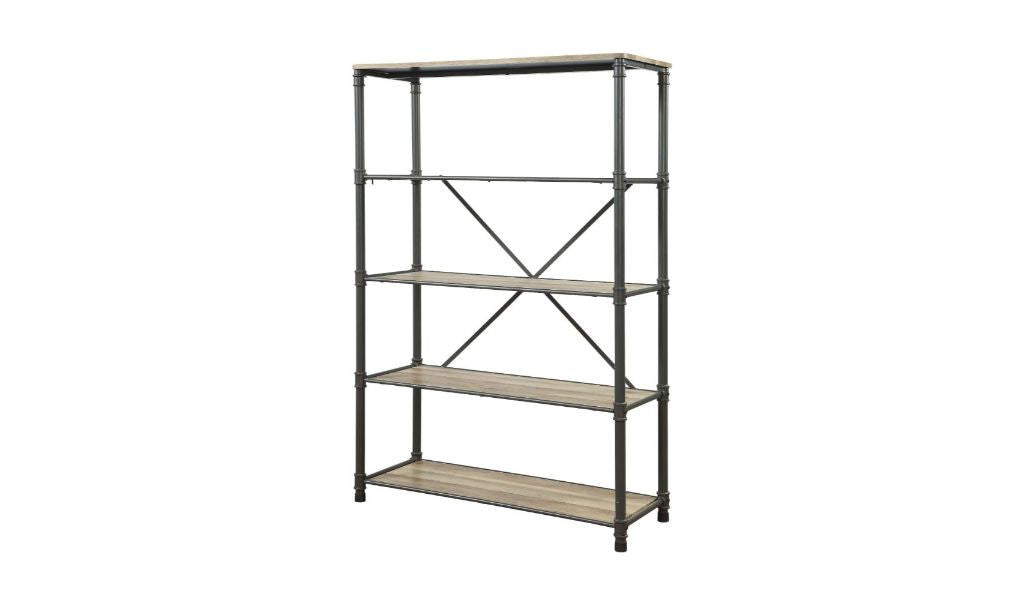 71" Antique Oak And Gray Distressed Four Tier Bookcase