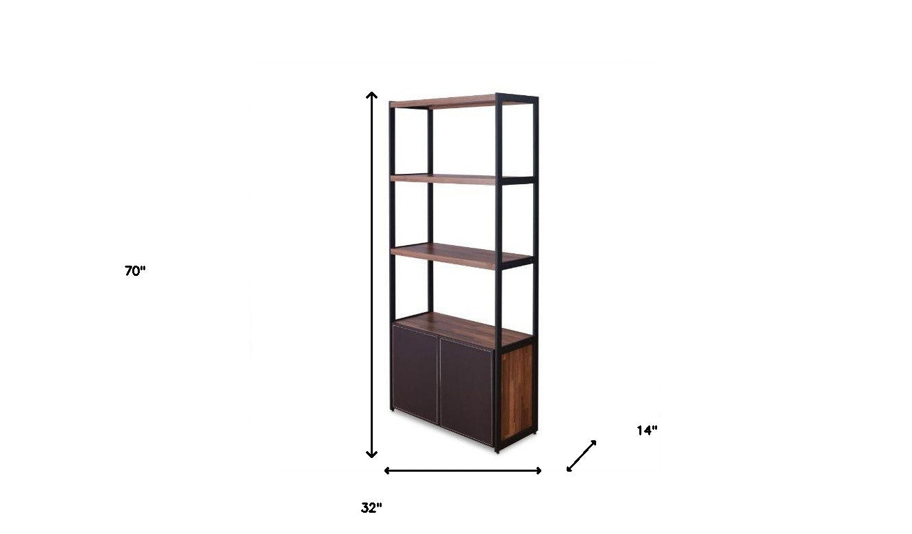 70" Brown and Black Metal Three Tier Bookcase with Two doors