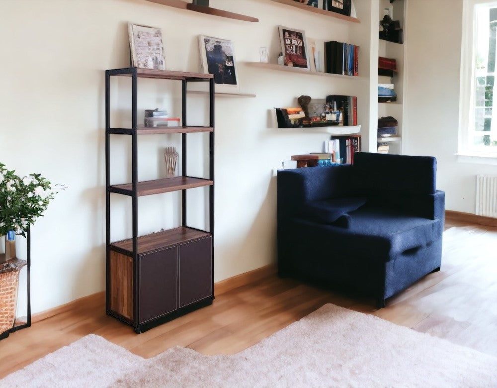 Brown And Black Metal Three Tier Bookcase with Two Doors