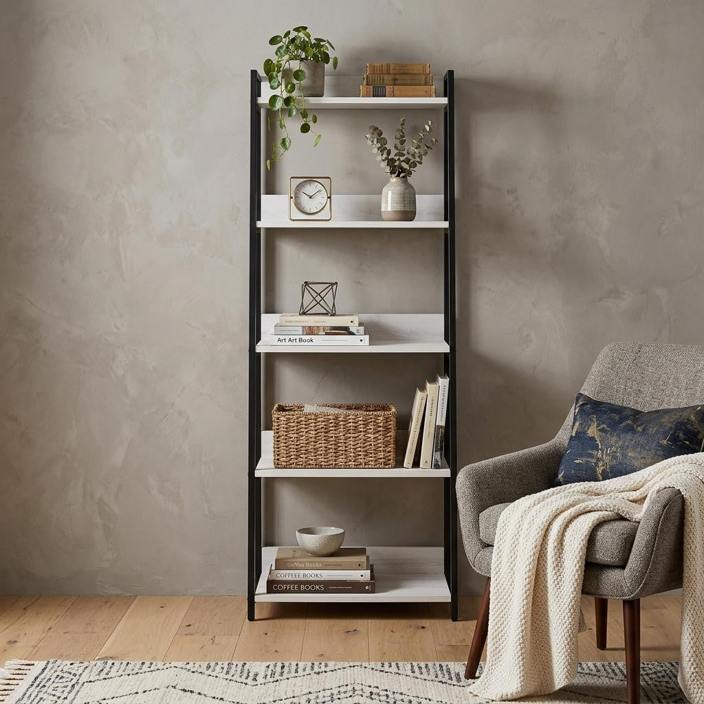 67" Natural and Black Metal Five Tier Ladder Bookcase