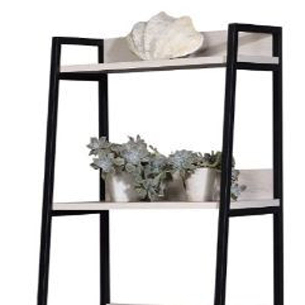 67" Natural and Black Metal Five Tier Ladder Bookcase