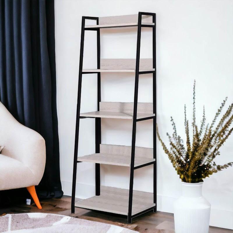 67" Natural and Black Metal Five Tier Ladder Bookcase