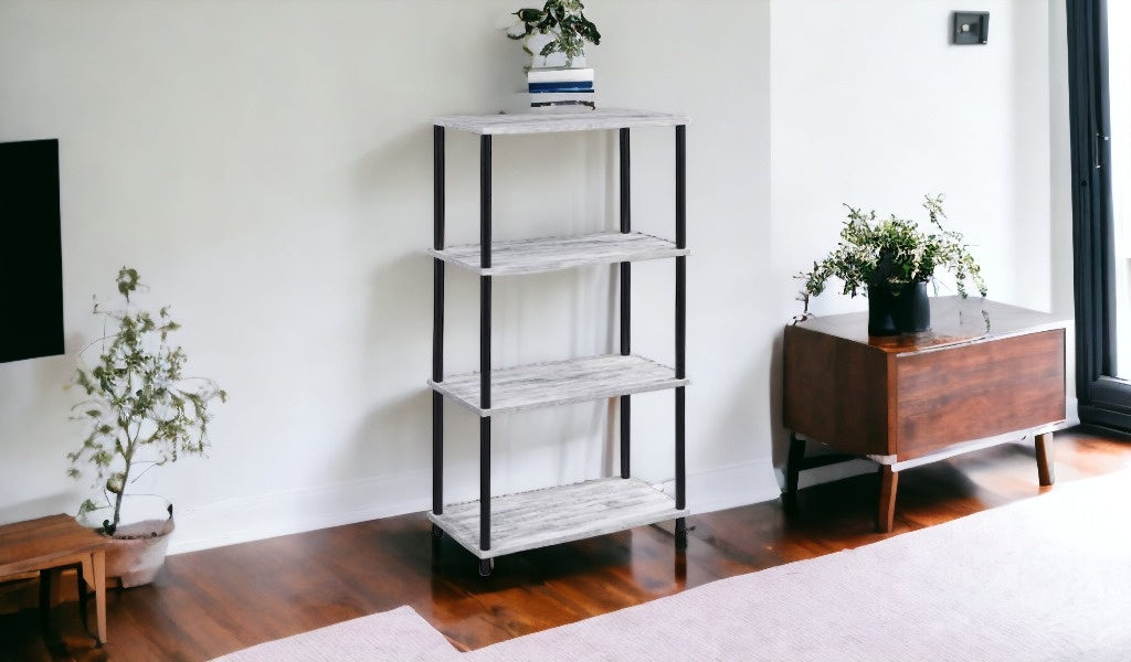 Antiqued White Metal Four Tier Etagere Bookcase