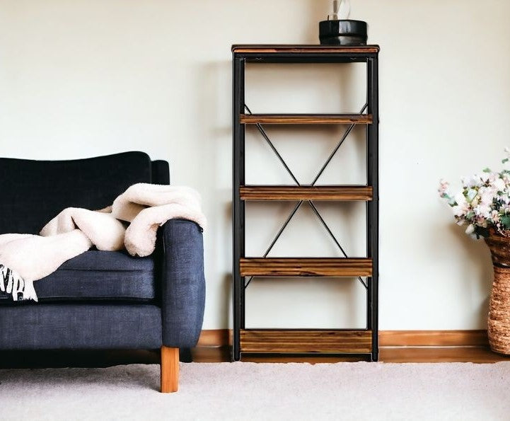 Brown And Black Metal Four Tier Etagere Bookcase