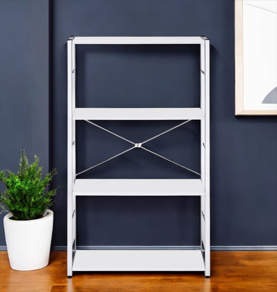 42" White And Silver Metal and Wood Four Tier Etagere Bookcase