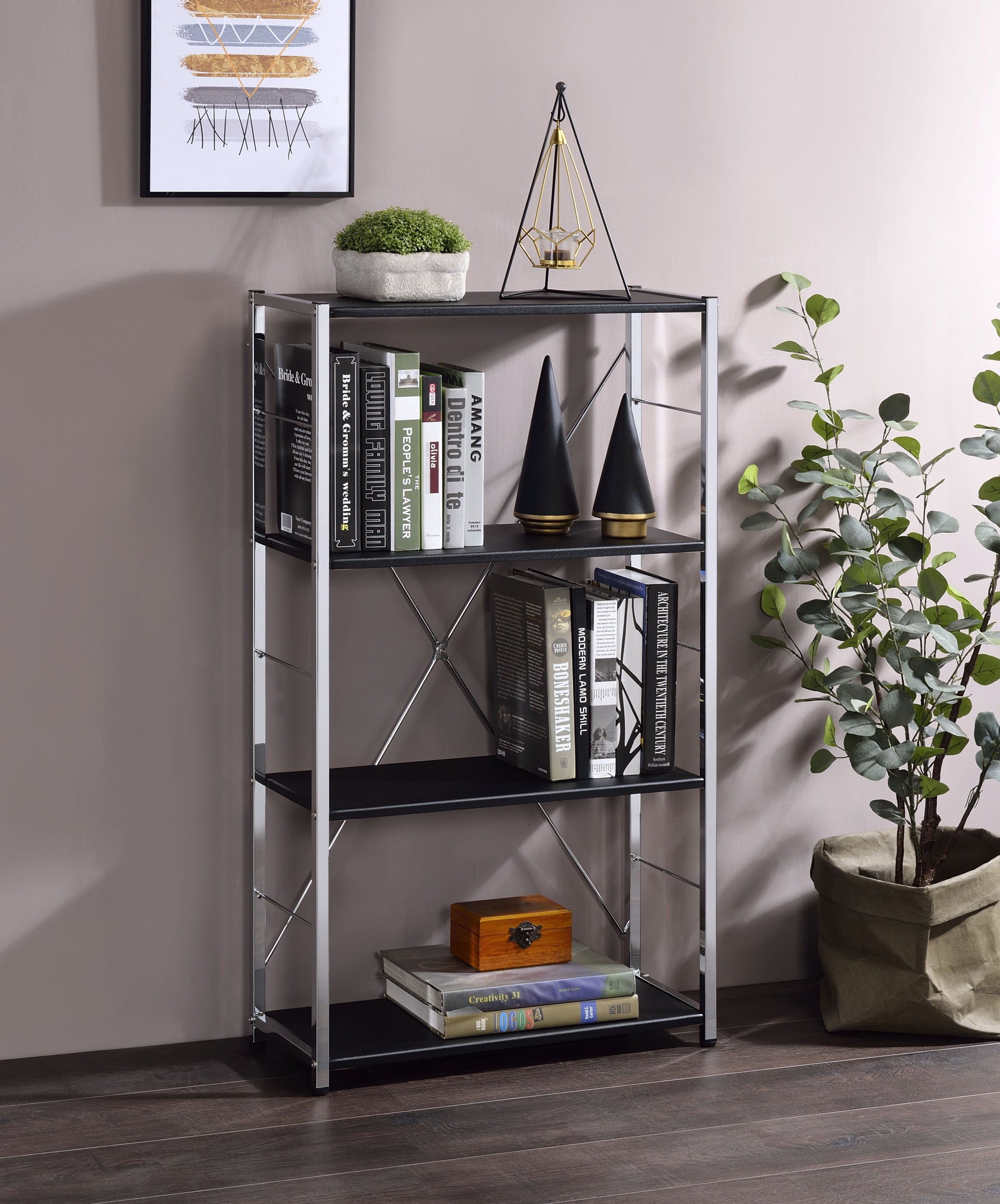 Black And Silver Metal Four Tier Etagere Bookcase