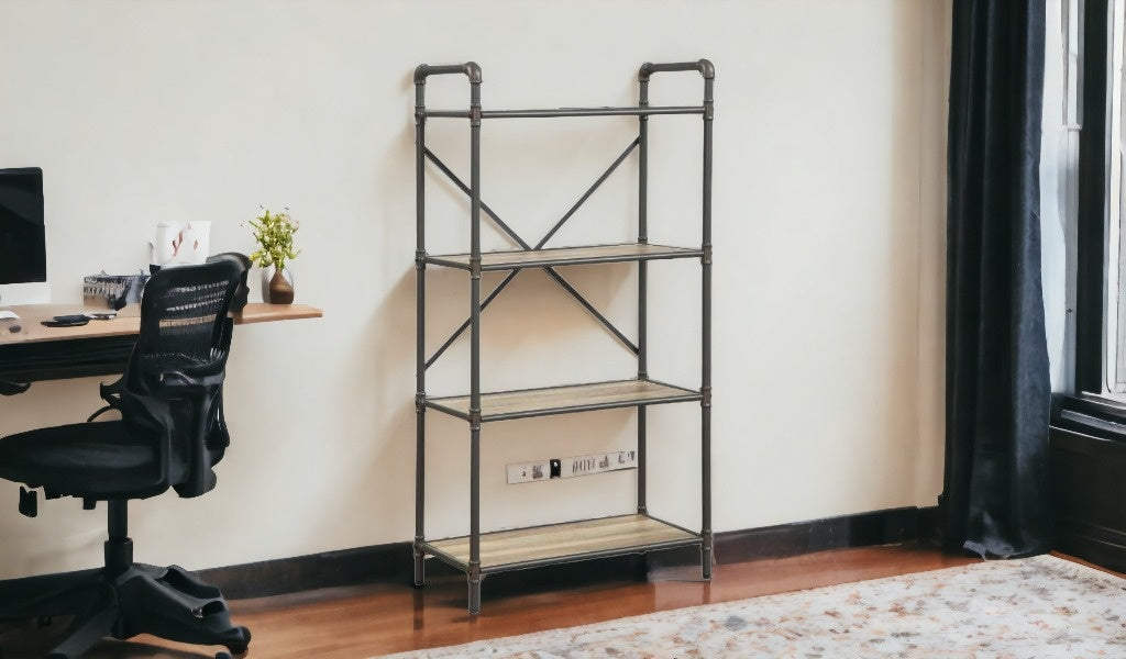 49" Gray Brown Metal Four Tier Etagere Bookcase