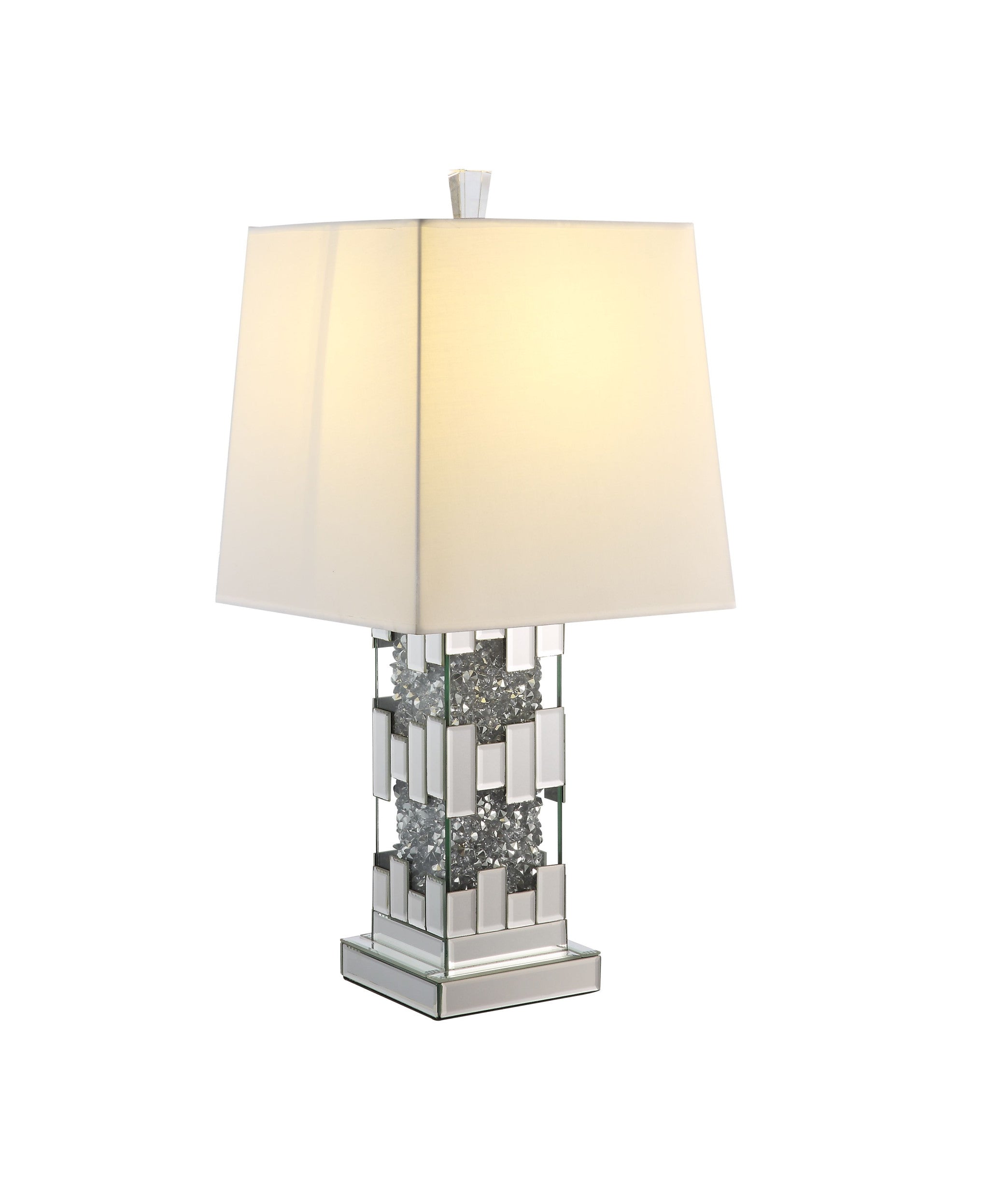 30" Mirrored Glass and Faux Crystal Geo Table Lamp With White Square Shade