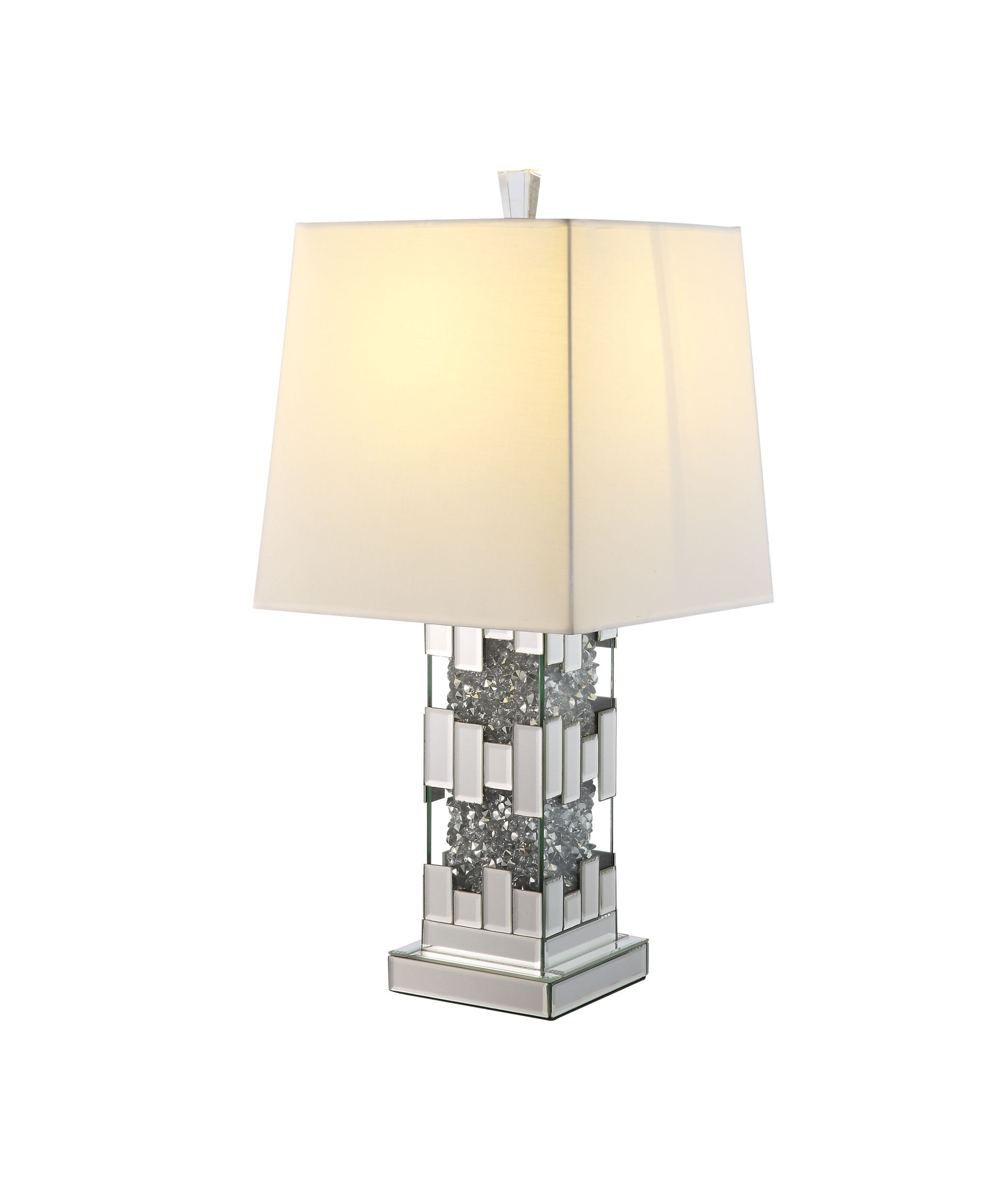 30" Mirrored Glass and Faux Crystal Geo Table Lamp With White Square Shade