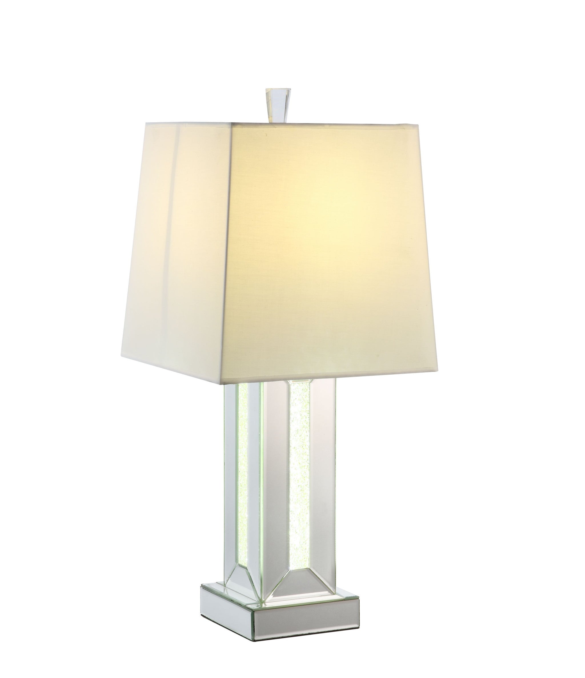 32" Mirrored Glass and Faux Crystal Table Lamp With White Square Shade