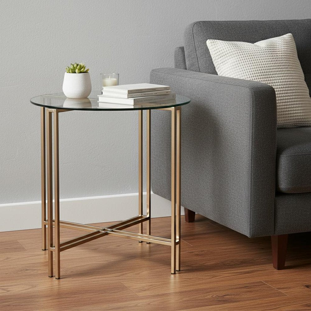 24" Champagne And Clear Glass And Metal Round End Table