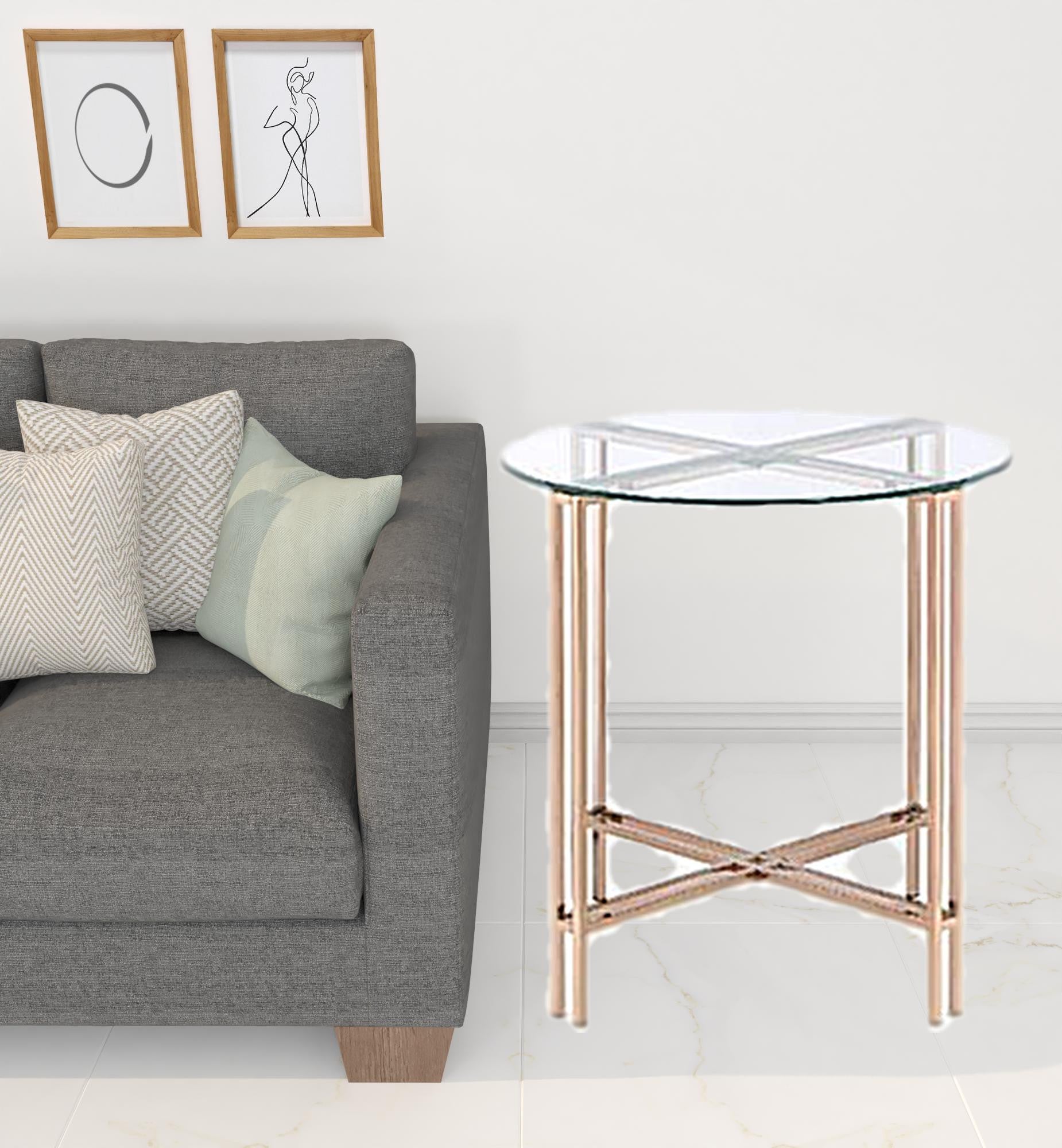 24" Champagne And Clear Glass And Metal Round End Table