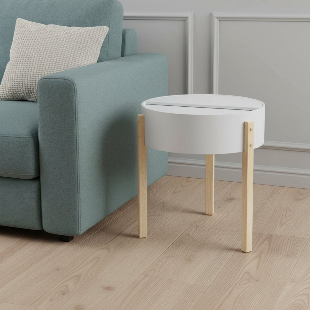 21" Natural Brown And White Manufactured Wood And Solid Wood Round End Table