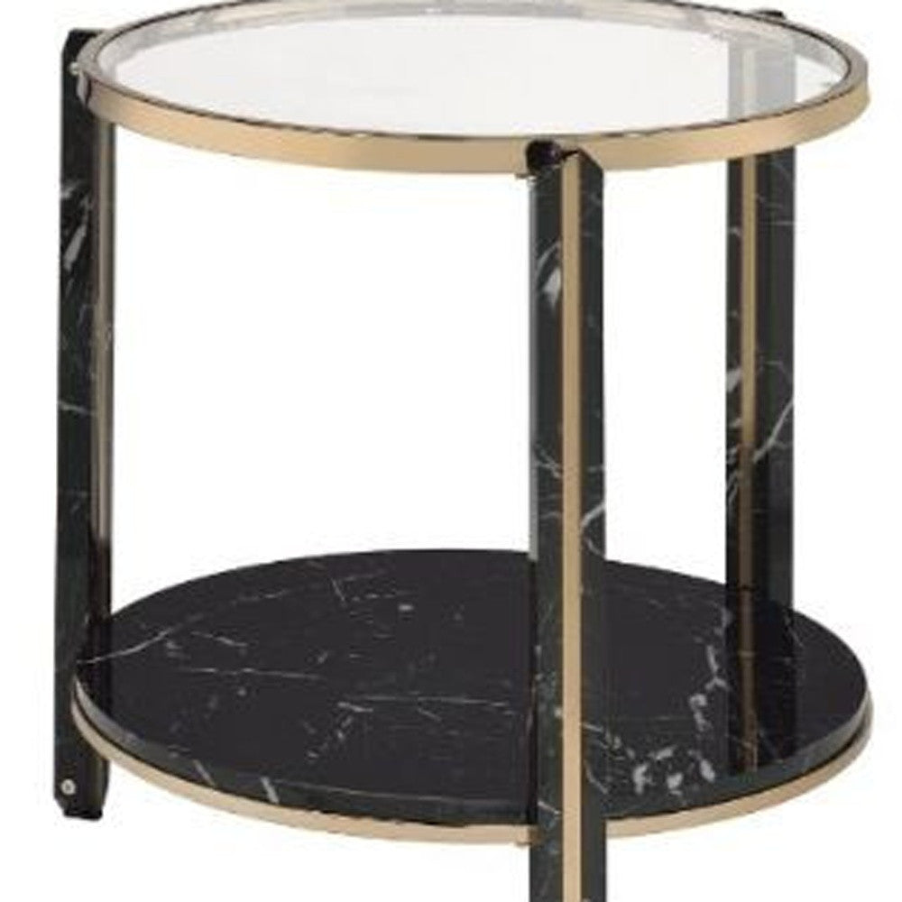 24" Champagne And Clear Glass And Metal Round End Table With Shelf