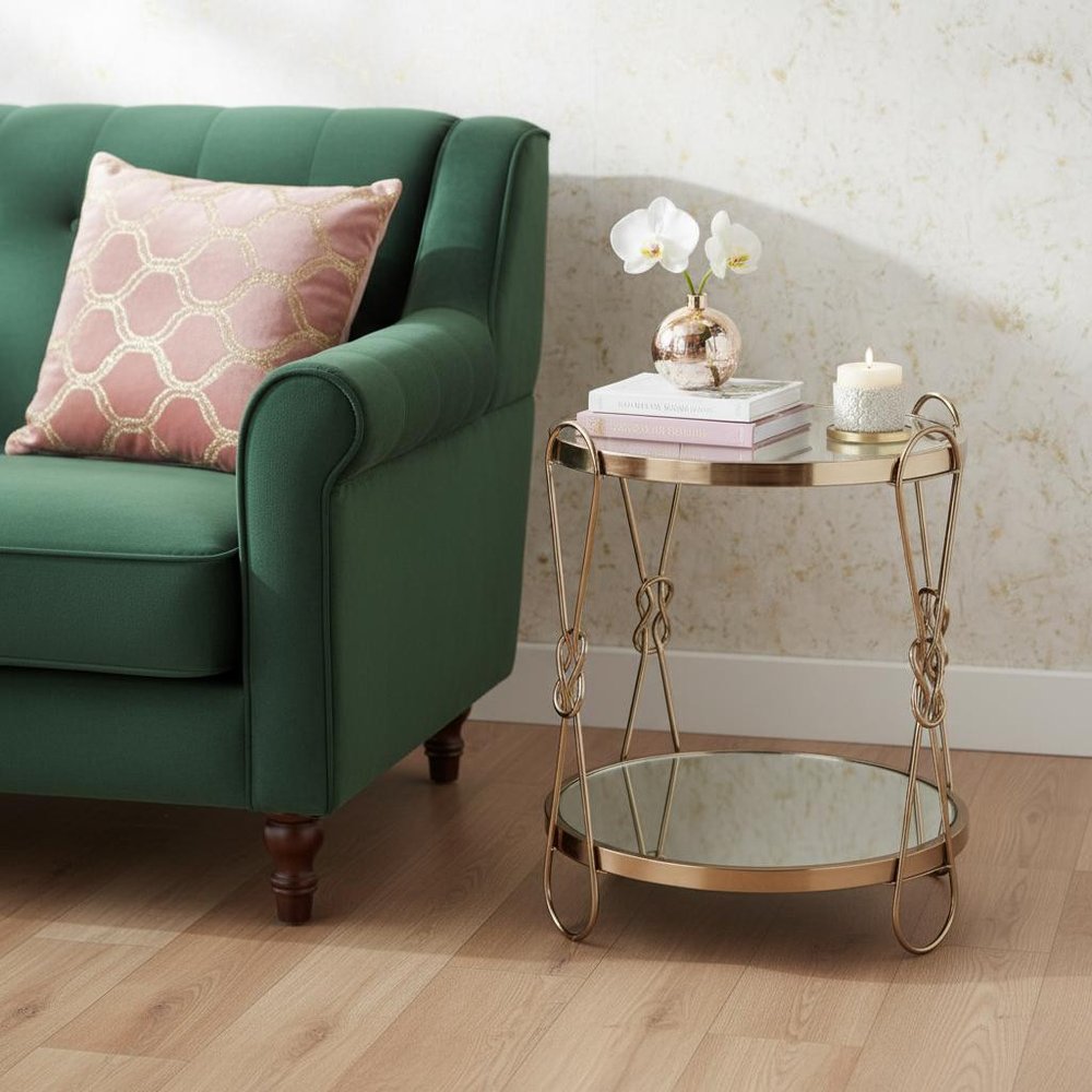 23" Gold Mirrored And Metal Round End Table With Shelf