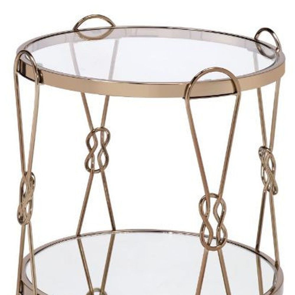23" Gold Mirrored And Metal Round End Table With Shelf