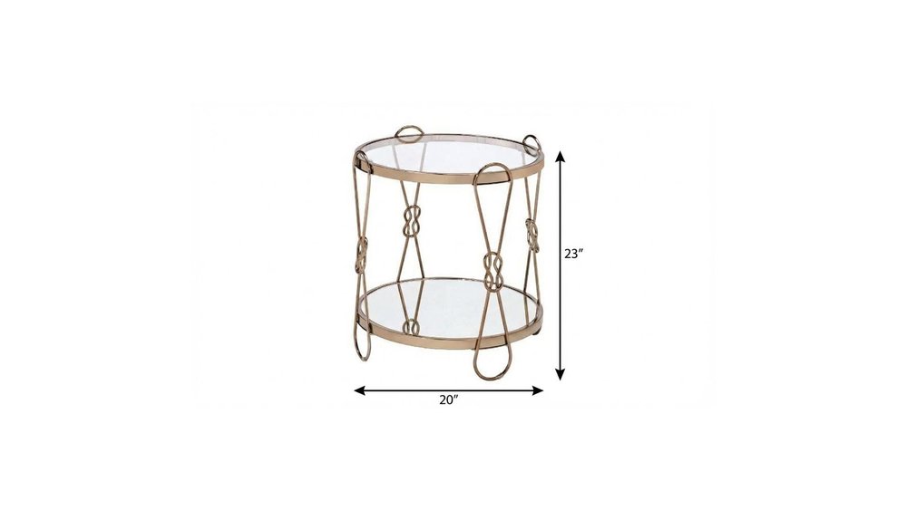 23" Gold Mirrored And Metal Round End Table With Shelf
