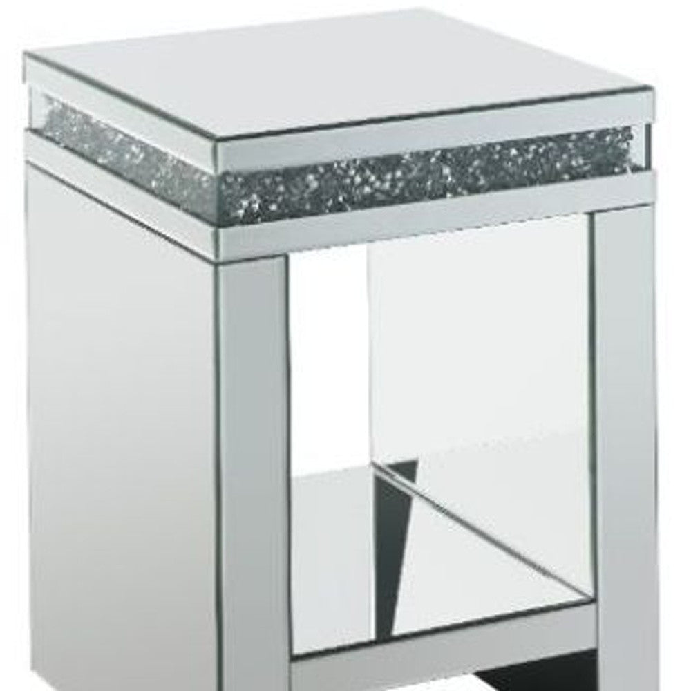 24" Silver Glass Square Mirrored End Table With Shelf