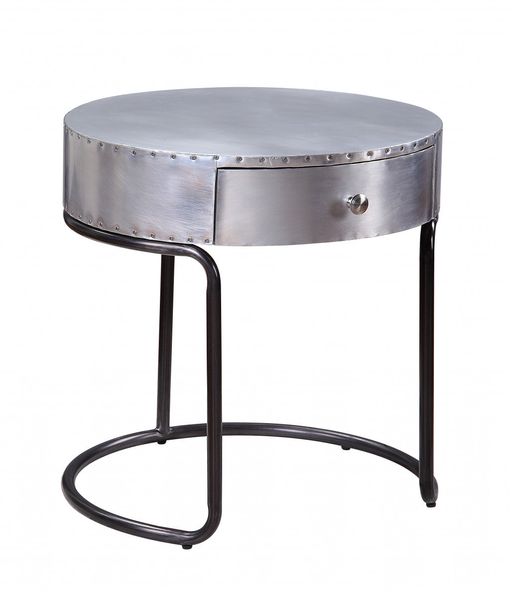 21" Aluminum And Manufactured Wood Round End Table With Drawer