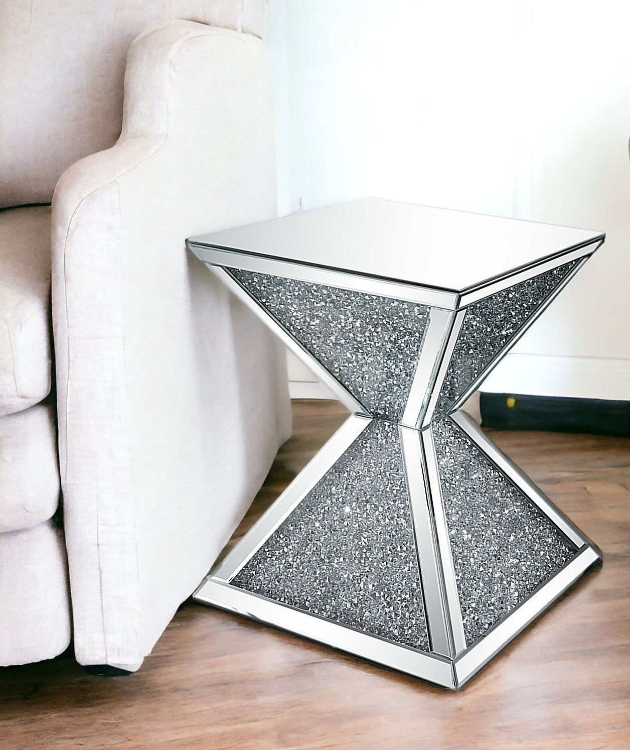 23" Silver Mirrored And Manufactured Wood Square Diamond End Table