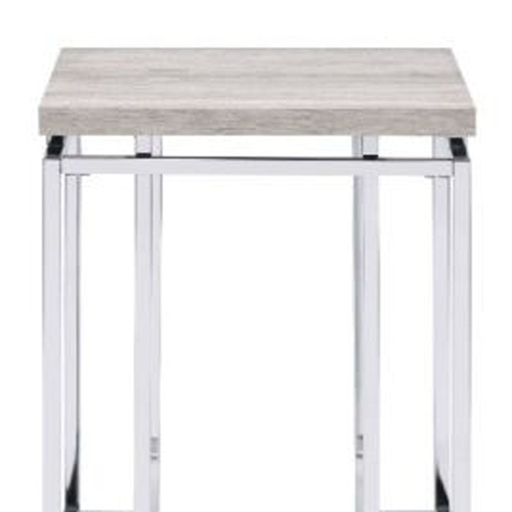 24" Chrome And Natural Oak Manufactured Wood And Metal Square End Table