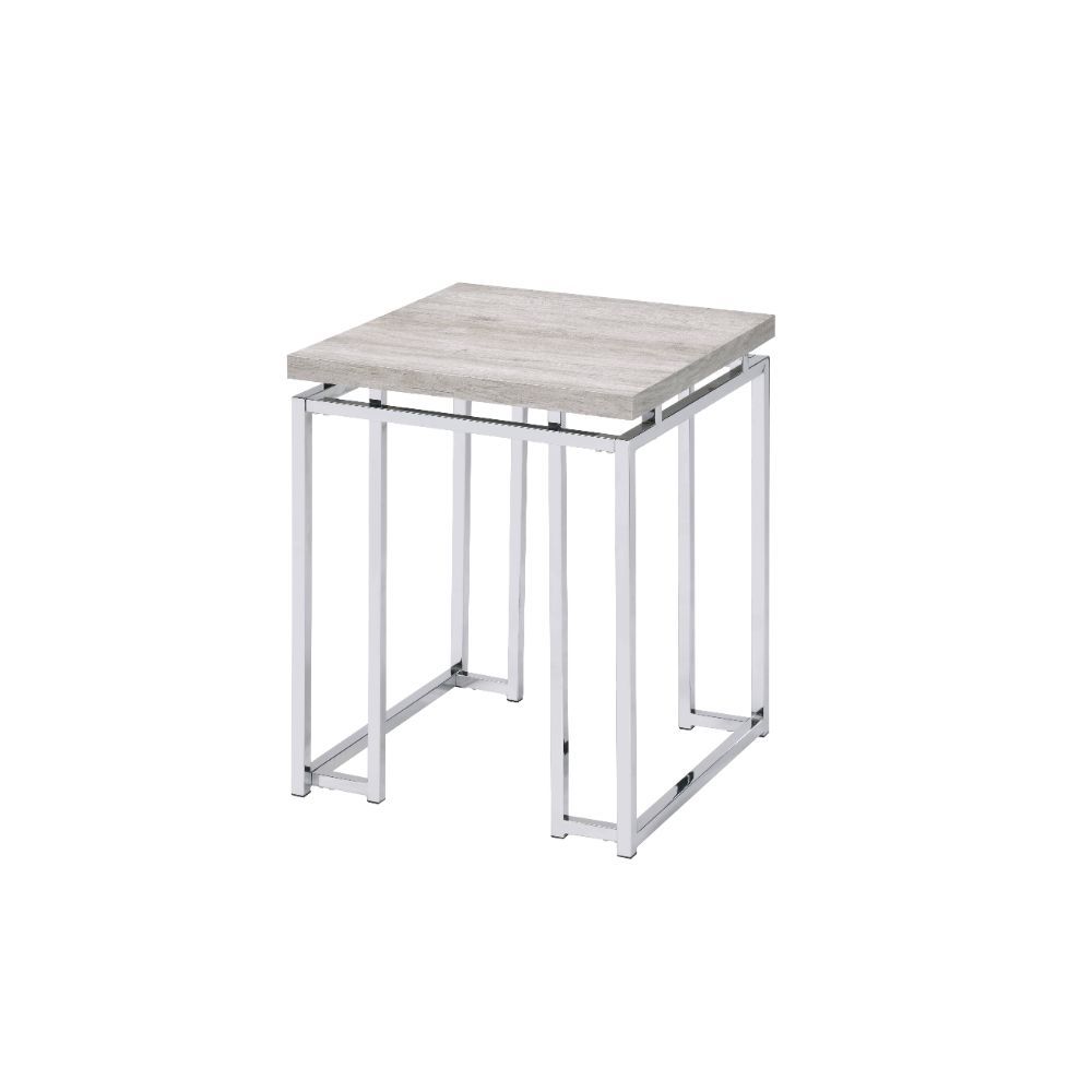 24" Chrome And Natural Oak Manufactured Wood And Metal Square End Table