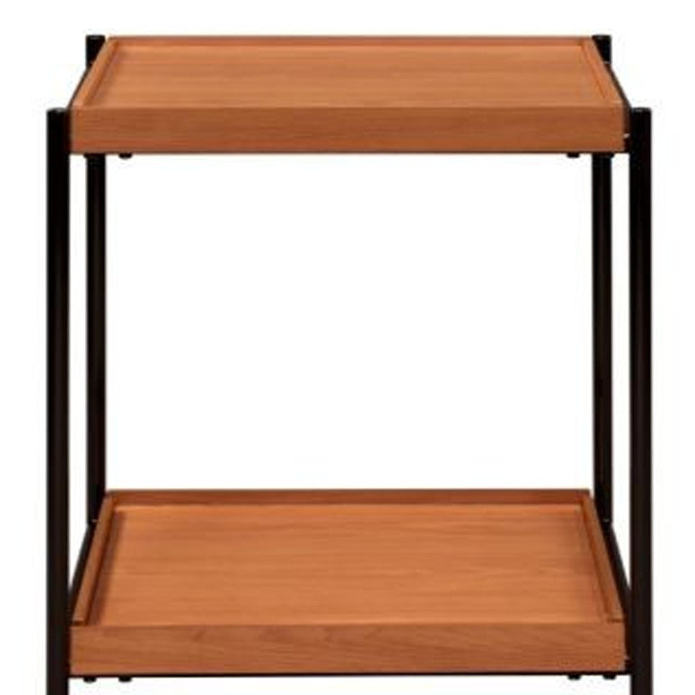 24" Black And Honey Oak Wood And Metal Square End Table With Shelf