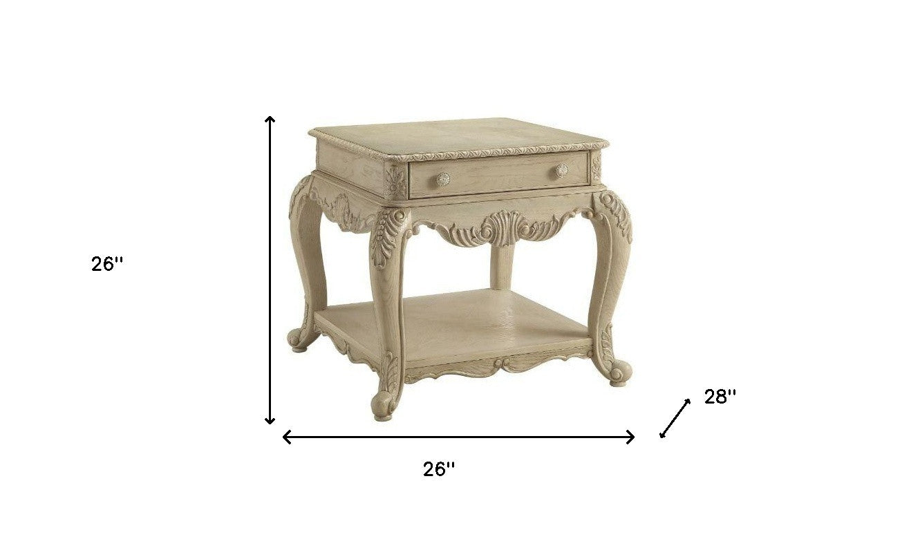 26" Antique White Manufactured Wood And Polyresin Rectangular End Table With Drawer And Shelf