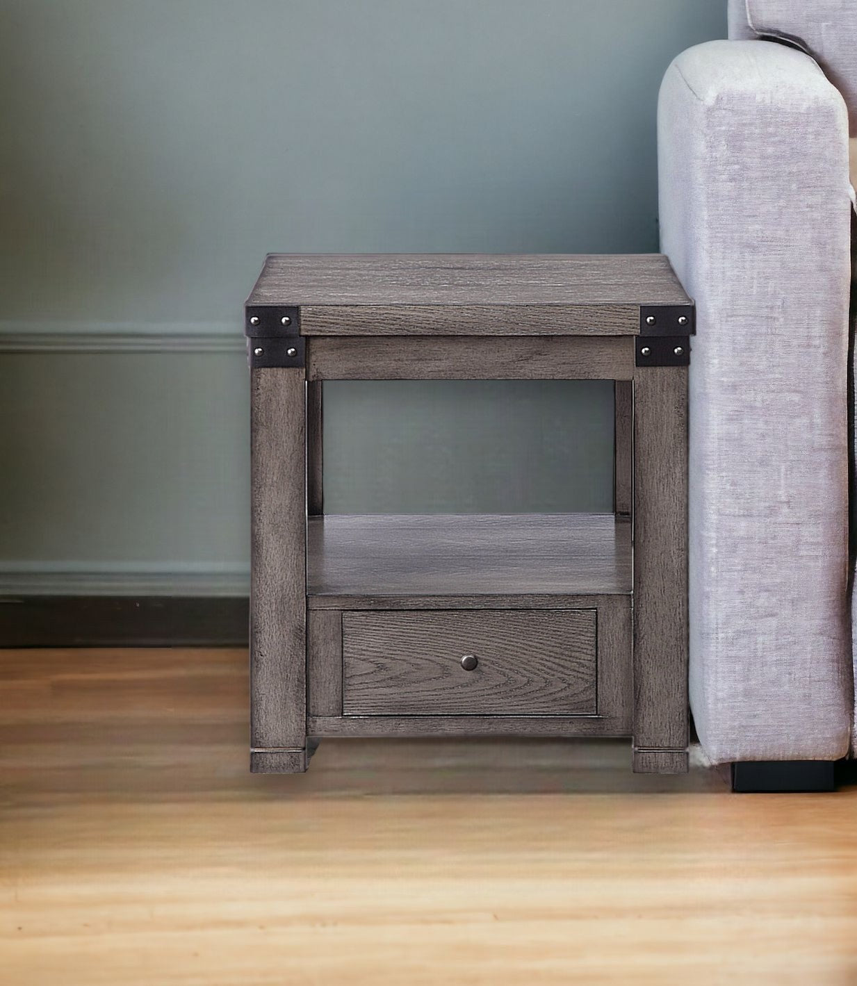 24" Dove Gray Square End Table With Drawer And Shelf