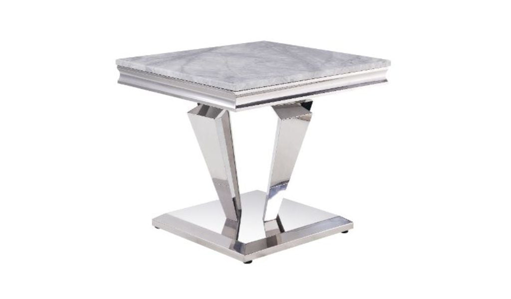 22" Silver And Light Gray Marble Look And Stainless Steel Square End Table